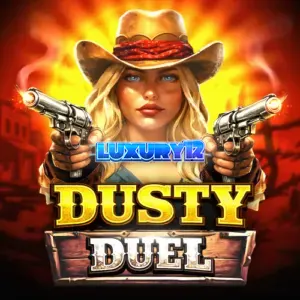 Tampilan visual slot Dusty Duel dengan tema Wild West dan grid 6x5 yang dinamis.